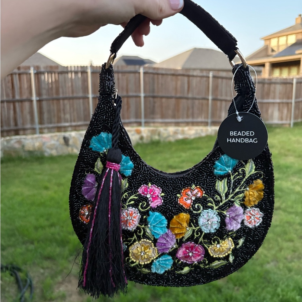 Black Floral Embroidered Shoulder Bag with Tassel